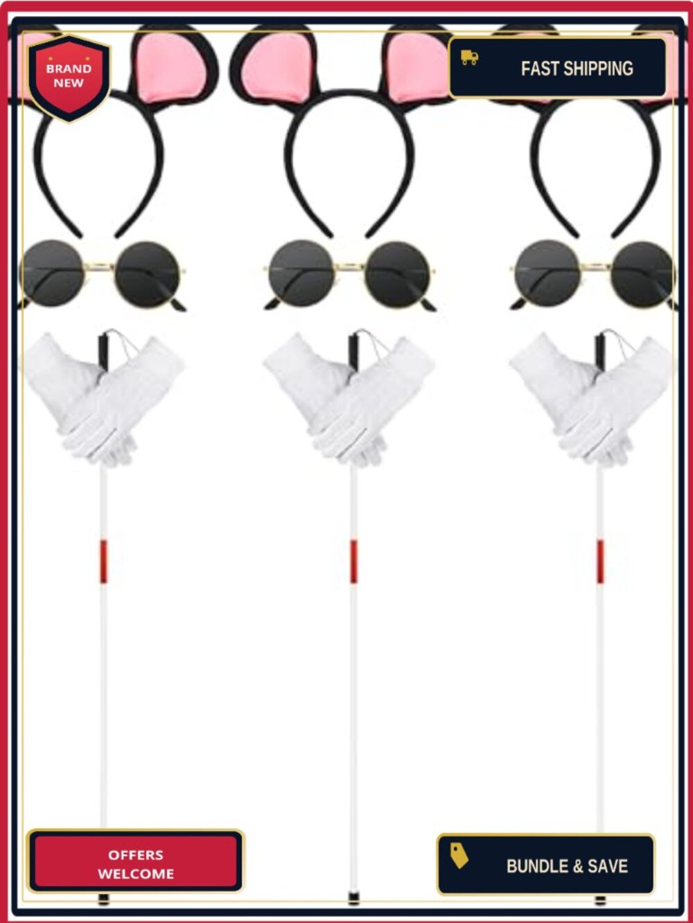 Mouse Costume Accessory Set Ears Headbands Sunglasses Gloves Walking Sticks